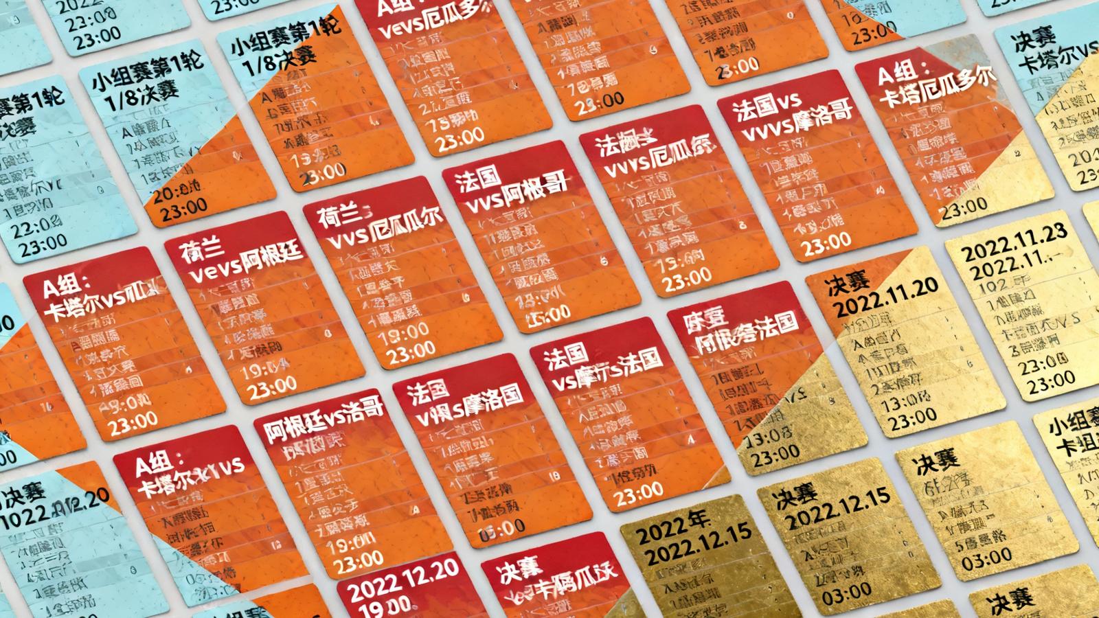 世界杯赛程日历页面展示，以卡片网格形式排列2022年卡塔尔世界杯小组赛至决赛全部64场比赛的对阵信息与时间安排